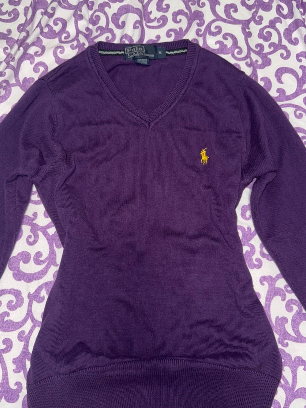Polo by Ralph Lauren Purple V-Neck Sweater with Yellow Logo